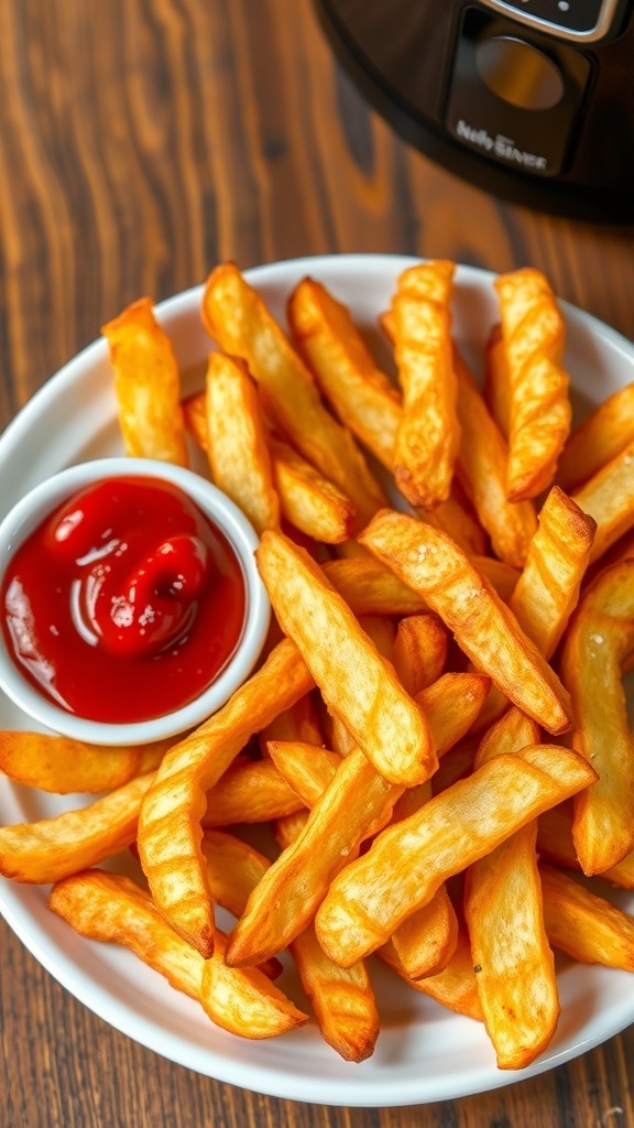 Crispy Air Fryer Fries Without Soaking Crispy air fryer fries on a plate with ketchup, garnished with salt, on a wooden table.